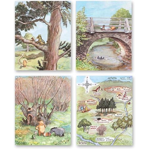 Classic Winnie the Pooh Nursery Wall Art - Vintage Woodland Decor, Baby Boy Shower, Baby Girl Print, Kids Room Art (Set of 4 - Unframed)