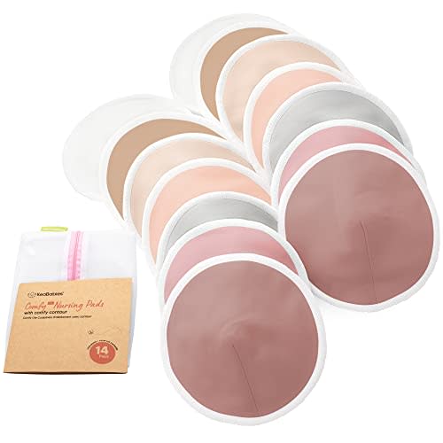 Organic Breast Pads - 14 Viscose Derived from Bamboo Washable Pads + Wash Bag, 3-Layers Breastfeeding Nipple Pad for Maternity, Reusable Nipplecovers for Breast Feeding(Lovelle Lite, L 4.8")