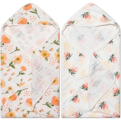 Zainpe 2Pcs Muslin Baby Hooded Towel Flowers Pattern Soft Cotton Absorbent Bath Towel Blanket Set for Infant Shower Gifts Newborn Essential Toddler Boys Girls 31.5 X 31.5 in
