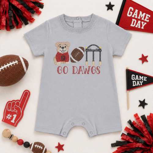 Embroidered Bulldog Football Baby Romper or T Shirt, Red Black Game Day Outfit, Go Dawgs Baby Gift, Football Toddler Tee