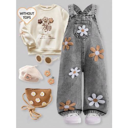 SHEIN Baby Girls' Cute Washed Denim Bib Pants For Baby Girls, Floral Print Loose Jumpsuit Baby GirlFashionable Vintage Floral Embroidered Blue Denim Skinny Jeans Toddler Jean With Flowers Babygirl Jeans Cozy Baby Black Pants Baby Jeans Pants Girls Baby De