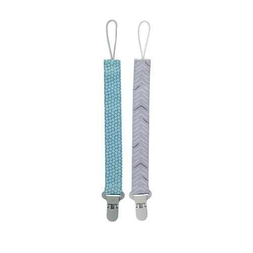 Nuby Pacifinder Baby Pacifier Clip - (2-Pack) - Pacifier Holder Clip with Convenient Hook Loop - Blue Dots and Green Dino