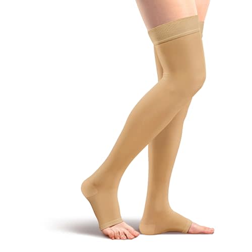 Amazon Basics Medical Compression Stockings, 20-30 mmHg Support, Women & Men Thigh Length Hose, Open Toe, Beige, Medium (Previously Amazon Basic Care)