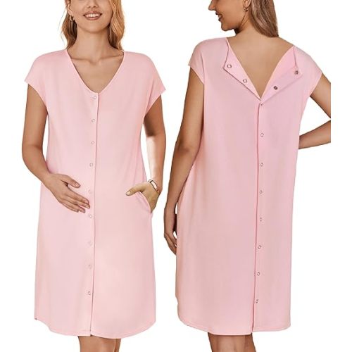 Ekouaer Labor/Delivery/Hospital Gown Nursing Nightgown Maternity Sleepwear With Pockets Postpartum Gowns with Button S-XXL