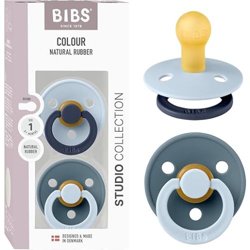 BIBS Colour Studio Pacifier 2-Pack, BPA Free, Round Nipple. Natural Rubber Latex, Made in Denmark, Size 1 (0-6 Months) - Baby Blue/Petrol