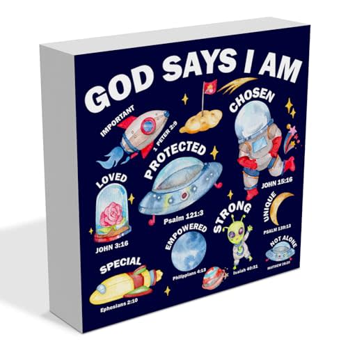 Christian Space Nursery Wooden Box Sign Boys Room Decor Bible Verse Boy Nursery Galaxy God Says I Am Wood Block Plaque Sign Decorations for Kids Space Room Bedroom Table Shelf