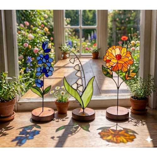 Stained Glass Birth Flower Plant Stake | Personalized Birth Month Floral Suncatcher | Birth Flower Gift| Unique Gift for Birthday, Thank You