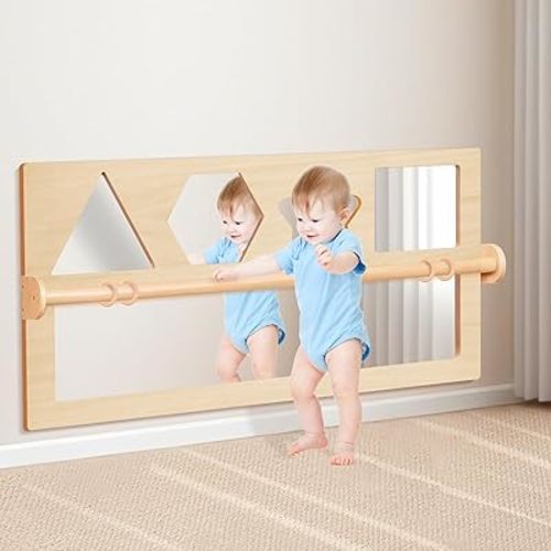 Montessori Mirror Baby Wall with Bar: 3-in-1 Shatterproof Toddler Mirror with Wooden Pull Up Bar - Kids Montessori Furniture 6 Months+ for Nursery, Kids Room, Daycare