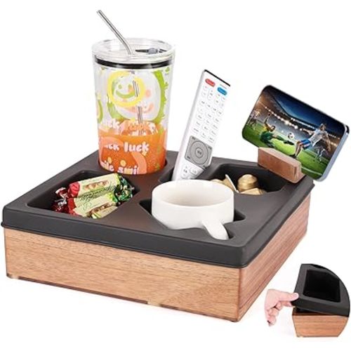 Couch Cup Holder Tray, Silicone Acacia Wooden Couch Caddy with Cup Holder for Snacks, Drinks, Remotes, Waterproof Cup Holder for Couch, Organizer, Movie Night Snack Trays, Easter Gifts