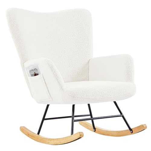 VECELO Rocking Chair, Modern Upholstered Teddy Fabric Nursery Glider with Padded Seat, High Backrest, Armchair and Pocket for Living Room Bedroom Balcony Offices