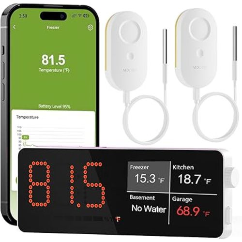 MOCREO WiFi Refrigerator Thermometer with Freezer Alarm, Email Alert, App Notification, Data Logging Export, No Subscription Fee, 2 Remote Temperature Sensor for Home Kitchen, Hot Tub