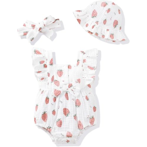 Renotemy Baby Girl Infant Summer Romper Cotton Linen Outfits with Hat&Headband, 0-3 Months