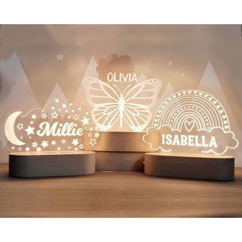 Custom night light, Moon & stars butterfly or rainbow for kids room decor, personalize with your name