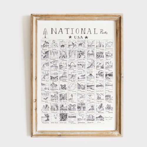 All 63 U.S. National Parks Fine Art Print: Hand-Drawn Travel Wall Decor, Unframed