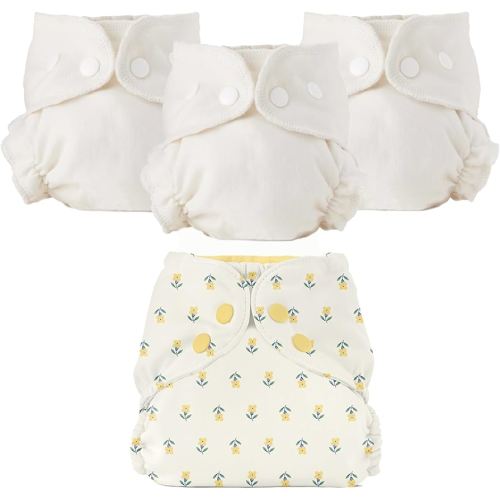 Esembly Cloth Diaper Bundle Set - 3 Organic Cotton Absorbent Inners and 1 Waterproof Outer Diaper Cover - Reusable, Washable, Snap Closure Cloth Diapers - Size 1 (7-17lbs), Buds