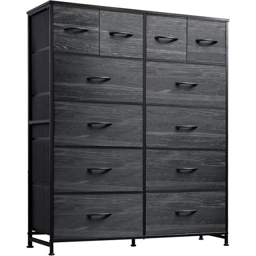 WLIVE Storage Organizer Unit with 12 Fabric Bins, Storage Drawers Organizer with Steel Frame, Tall Storage Tower Organizaton for Living Room, Hallway, Office, Charcoal Black Wood Grain Print
