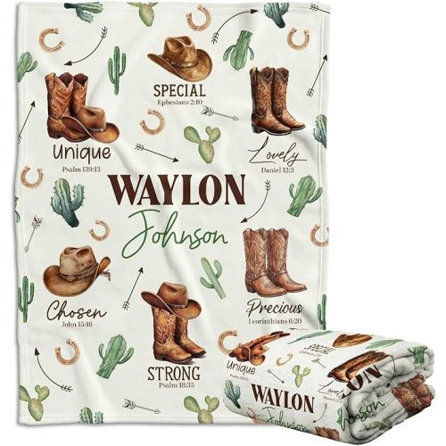 Western Blanket Name, Western Decor for Nursery Room, Personalized Baby Blankets for Boys Girls, Cowboy Fleece Blankets, Western Baby Stuff, Soft Warm Lightweight Bed Blanket for Newborn Toddlers (06)
