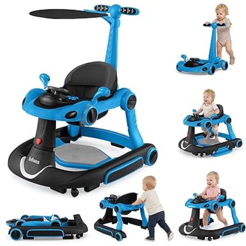 INFANS 6-in-1 Foldable Baby Walker, Converts Push Car to Bouncer, Rocker with Music, Lights, Adjustable Height & Speed, Activity Center, Canopy for 7-18 Months (Blue)