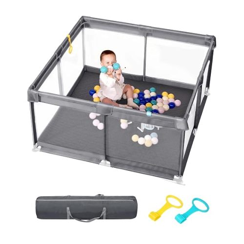 50" x 50" Extra Large Baby Playpen for Babies and Toddlers, Safe with Soft Play Fence, Indoor Safety Yard, Easy to Assemble and Clean (Gray)