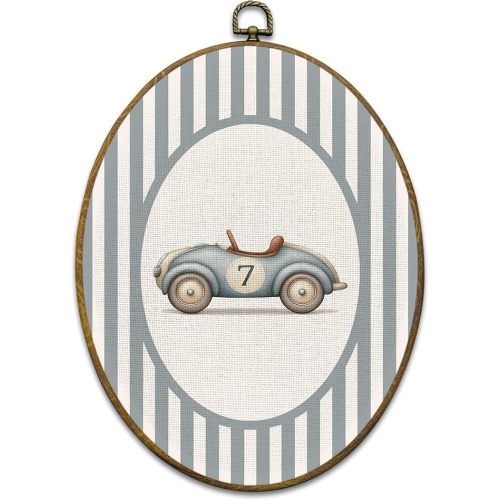 Vintage Race Car Nursery Wall Art Decor, Boy Nursery Framed Canvas Prints 8.6x11.4, Blue Striped Classic Race Car Oval Wall Hanging Artwork Decorations for Kids Boys Room Bedroom Playroom