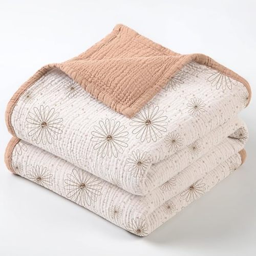 lulumoon Muslin Quilt Blanket, Crib Blanket for Baby and Toddler,47x47 Inches(Pink Daisy)