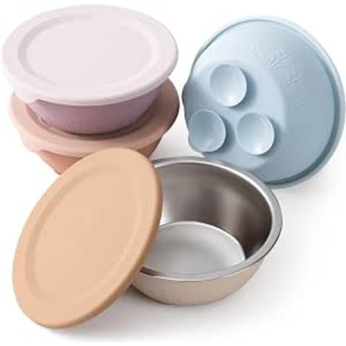 Moonkie Baby Suction Bowls for Self-Feeding: 3 Strong Suction Bases Prevent Spills - Seamless One-Piece Design for Easy Cleanup - Stainless Steel & Silicone Toddler Bowls with Lids - 13 oz 4 Pack