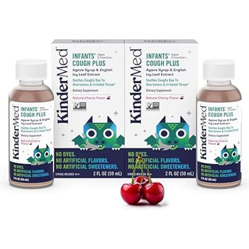 KinderMed Infants' Daytime Cough Plus, Organic Agave Syrup and English Ivy Leaf Extract, No Dyes, No Artificial Flavors or Sweeteners, Non-GMO, 2 Months+, Natural Cherry Flavor, 2 fl. oz (Pack of 2)