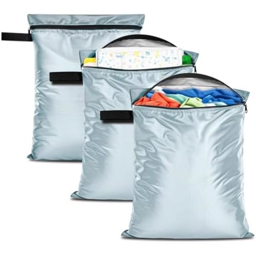 Wet Dry Bags 3 Pack,12x16 Inch Waterproof Reusable Wet Bag For Baby Diapers Swimsuit Wet Clothes Travel Beach Pool Gym,Durable Polyester Fabric,Waterproof Seal Strip Inside,Handle and Zipper,Blue