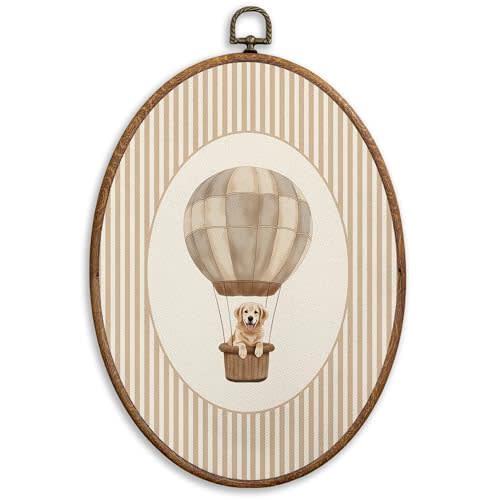 SONMYSULIL Golden Retriever Hot Air Balloon Nursery Wall Art Decor, Dog Kids Room Oval Wall Hanging Decor, Golden Retriever Gifts Framed Canvas Prints for Kids Nursery Bedroom Playroom, 8.6x11.4 Inch