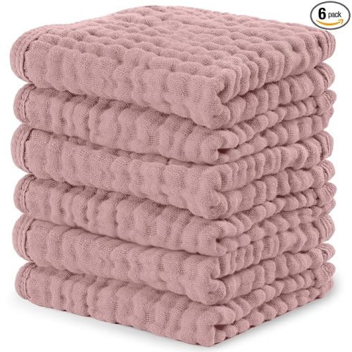 Comfy Cubs Muslin Baby Washcloths 6 Pack - Soft 6-Layer Cotton Wash Cloths for Sensitive Skin - 10"x10" Large, Gentle, Absorbent Infant Essentials for Newborn and Toddlers - Mauve