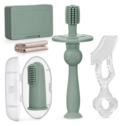 haakaa Training Toothbrush Set Oral Care Kit, Soft Silicone Toothbrush for Baby, Infants, Toddlers & Kids, Pea Green