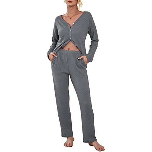 Ekouaer Womens Waffle Knit Pajamas Loungewear Two-piece Sleepwear Button-Down Pj Set with Pockets