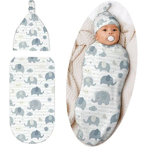 Lcokin Cute Elephant Baby Stuff Swaddle Blanket Hat Set for Boys Girls, Newborn Receiving Blanket Shower Gift