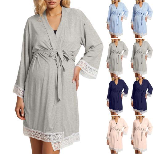 qolati Womens Maternity Nursing Robe 3/4 Sleeve Lace Trim Labor Delivery Nursing Gown Lightweight Pregnancy Breastfeeding Bathrobes Pink L