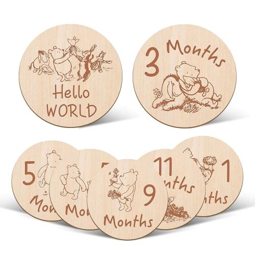 7 Pcs Winnie Baby Monthly Milestone Markers, Winnie Double Sided Winnie Baby Months Wooden Signs with Storage Bag, Winnie Baby Shower Gifts, Winnie Baby Monthly Announcement Wooden Discs, Winnie Gifts
