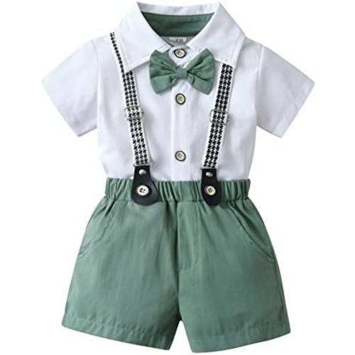 Infant Baby Boy Summer Clothes Short Sleeve Solid Color T-Shirt Cartoon Dinosaur Print Suspender Shorts Outfit Set