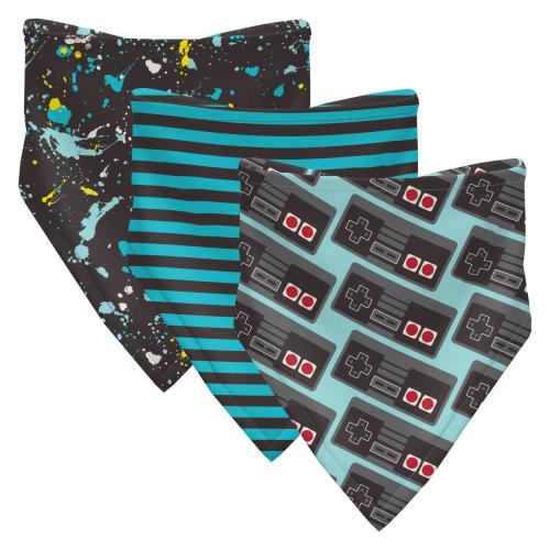 Print Bandana Bib Set of 3 in Confetti Splatter Paint, Rad Stripe & Summer Sky Retro Game Controller