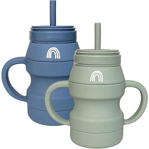 Hippypotamus Silicone Transition Cups - Squeeze-Proof Toddler Cups With Straw & Lid - Removable Handles - Set of 2 (Sage/Fog)