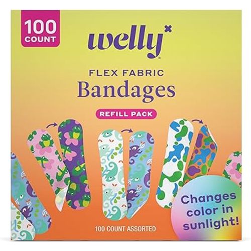Welly Bandage Color Changing Refill Pack | Adhesive Flexible Fabric Bandages | Assorted Shapes and Patterns for Minor Cuts, Scrapes, and Wounds - 100 Count