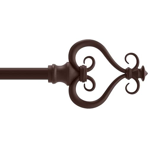 Kenney KN65406 Serena Large Plastic Heart Scroll End Standard Decorative Window Curtain Rod, 28-48" Adjustable Length, Chocolate Finish, 5/8" Diameter Steel Tube