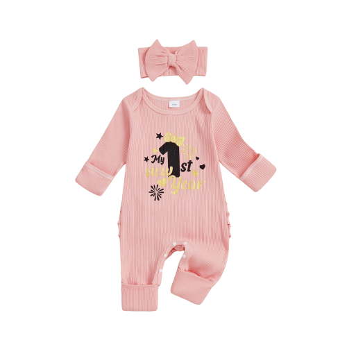 BemeyourBBs Baby Girls My 1st New Year Outfits Romper Letter Fireworks Print Long Sleeve Jumpsuit with Headband Spring Fall Clothes