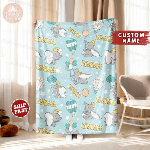 Custom Name  Disney Baby Dumbo Blanket, Personalized Blanket Gift, Baby Dumbo Blanket, Cute Dumbo Flying Elephant Birthday Boy Girl Gifts