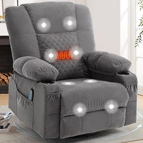 Rocker Recliner Chair with Heat and Massage, Wide Seat Overstuffed Fabric Reclining Chair for Living Room, Nursery Glider Rocking Chair Swivel Recliner with Cup Holder, Grey