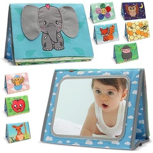 Premium Baby Tummy Time Mirror with Crinkle Books for Babies, Baby Teether Toys, Baby Books 0-6 Months, Tummy Time Toys Developmental Newborn Sensory Toys, Baby Mirror Tummy Time Gift 6-12 Months
