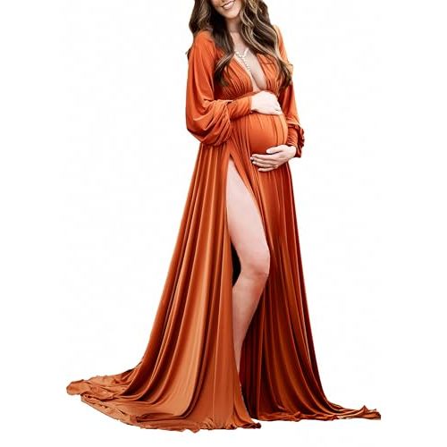 Dedysler Maternity Photo Shoot Dress Long Sleeve Maxi Pregnancy Gown Side Splits Baby Shower Photoshoot for Photography