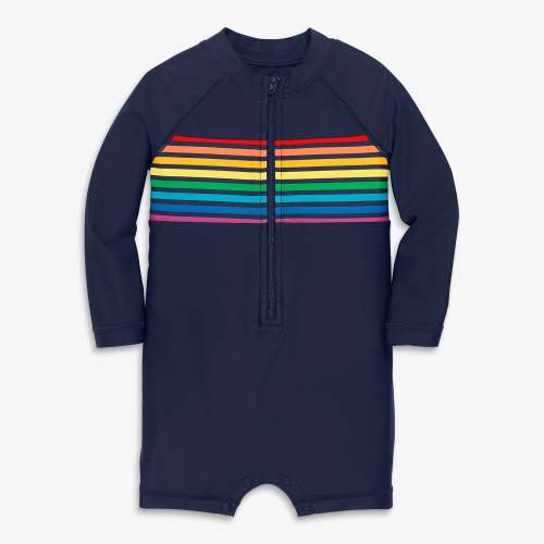 Clearance baby one-piece rash guard in rainbow placed stripe | Primary.com