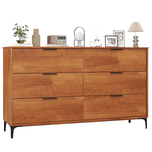 LOKO Mid Century Modern 6-Drawer Dresser, Wooden Chest of Drawers with Interlock System, 59" Wide Storage Dresser for Bedroom, Living Room, Hallway, Cherry