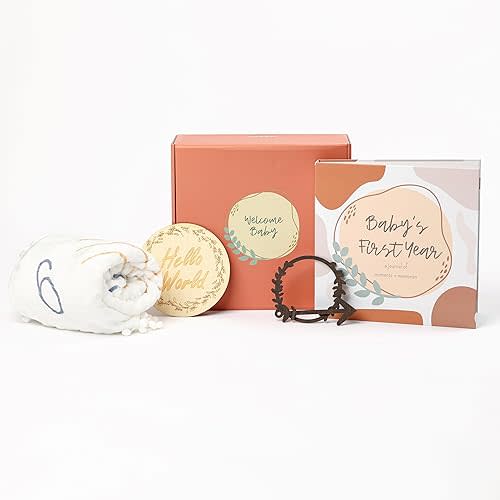 Baby Memory Book Gift Set - First Year Baby Journal, Milestone Blanket, and Birth Announcement Sign - Gender Neutral Baby Gift