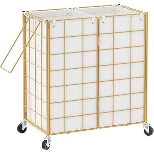 WOWLIVE Double Laundry Hamper with Wheels, Metal Rolling Laundry Basket