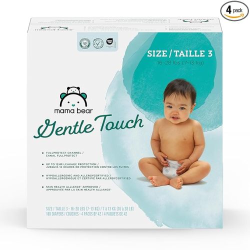 Amazon Brand - Mama Bear Gentle Touch Baby Diapers, Size 3, 168 Count (4 packs of 42), Leakproof, Keeps Baby Dry, Skin Safe, Formulated without Fragrance with Wetness Indicator
